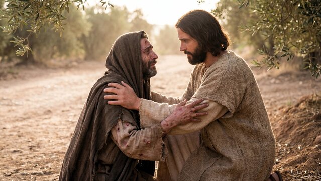Jesus healing a leper with compassion in a serene outdoor setting