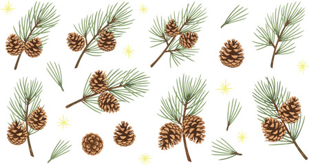 Fototapeta premium Festive Watercolor Vector Set of Pine Branches Cones and Needles with Pinecones Whole Open and Scattered Featuring Evergreen Elements and Sparkles for Winter Christmas Holiday Designs