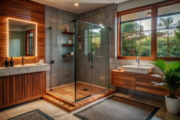 Fototapeta premium Designing a modern minimalist bathroom with clean white tiles frameless glass shower wooden accents and bright natural light