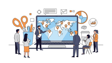 Naklejka premium Team of business professionals stands before a massive laptop screen displaying a world map with location markers for global expansion.