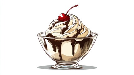 Sundae Delight Creamy dessert of ice cream, chocolate, and cherry on white