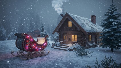 Naklejka premium Glowing sleigh with lights sitting on snowy clearing at night near lit log cabin, smoke rising