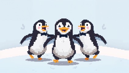 Fototapeta premium Standing three pixel-art penguins on snowy ice plain, showing black bow ties and pixel shadows