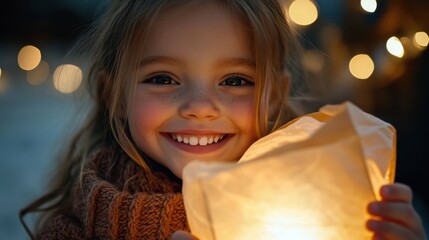 Young caucasian girl smiling with warm light at night, autumn cheer in sweater. St. Martin's Day