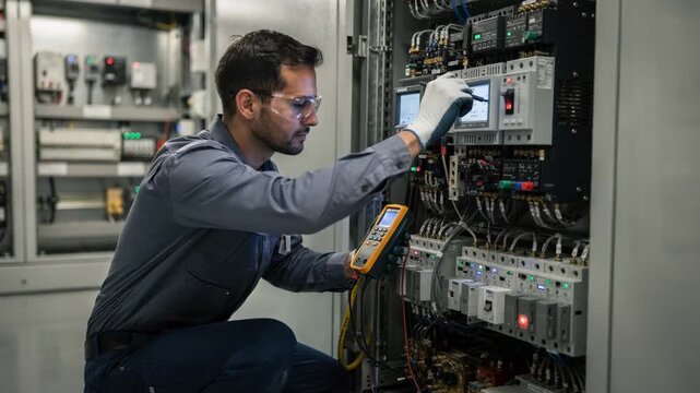 Detailed medium shot of a technician inspecting rectifier units within a telecom shelter with sharp focus on instruments and soft background blur.