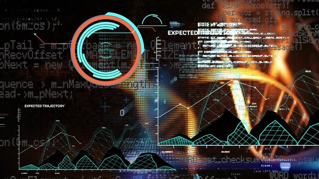 Animation of processing circle, graphs, dna and data processing on black background