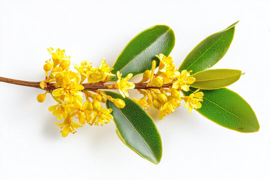 Osmanthus branch with yellow flowers and green leaves