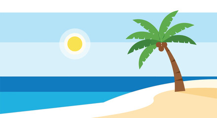 Obraz premium Palm tree on sandy beach in bright sunny tropical weather for travel brochure