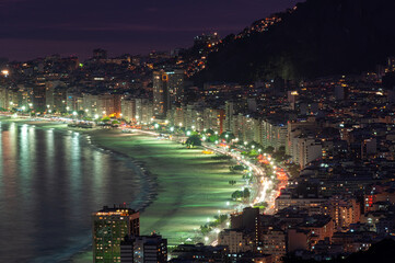Night view of Copacabana beach and avenida Atlantica in Rio de Janeiro, Brazil. Aerial cityscape of Rio de Janeiro.