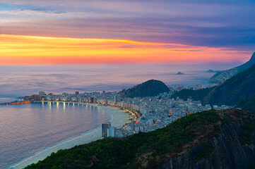 Sunset view of Copacabana beach in Rio de Janeiro, Brazil. Aerial cityscape of Rio de Janeiro.