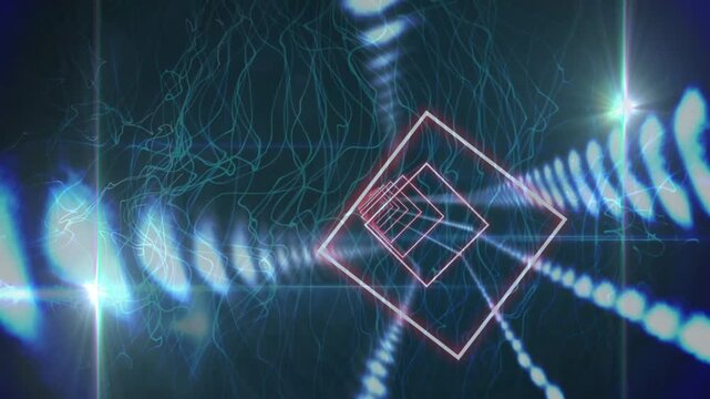 Animation of square tunnel in seamless pattern over spot of light and light trail on blue background