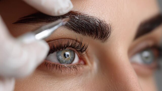 Eyebrow tinting. Master brush dye henna beautiful woman brows in beauty salon. Hand in black gloves applying of brow hair tint with a brush. Procedure Permanent make up tattoo. Cosmetic procedures.	
