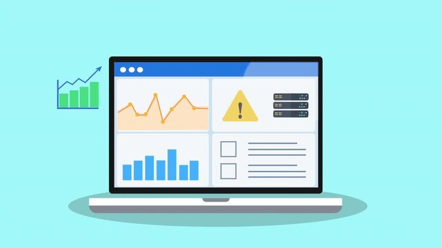 Flat vector animation of a laptop displaying a data analytics dashboard with charts, warning alert, and growth graph icon. Represents business analysis, system monitoring, and digital technology inter