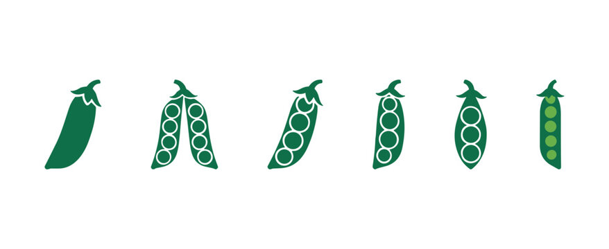 Fresh green pea pods set with various seeds arrangements in flat style isolated on white background for organic food packaging and vegetable cooking icons