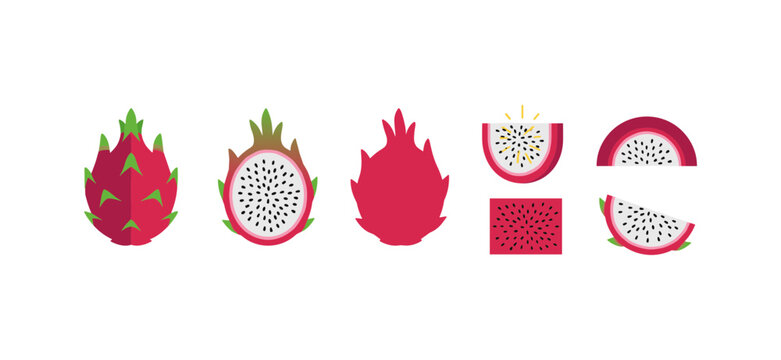 Detailed dragon fruit icons including whole fruit half cut and slices in flat vector style for tropical food branding exotic fruit markets and healthy recipes