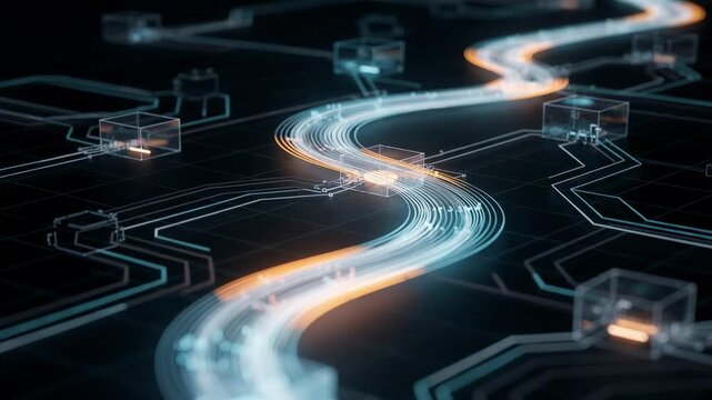 Focused medium shot of a dynamic path animation showing fiber signals automatically rerouting around faults on a digital network layout with sharp details on the active fiber line.