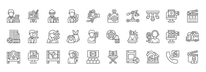 Filmmaking Icon set Collection in Line Style. cinema, movie, director, producer, actor, script