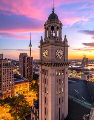 Fototapeta premium City skyline at sunset with a tall clock tower