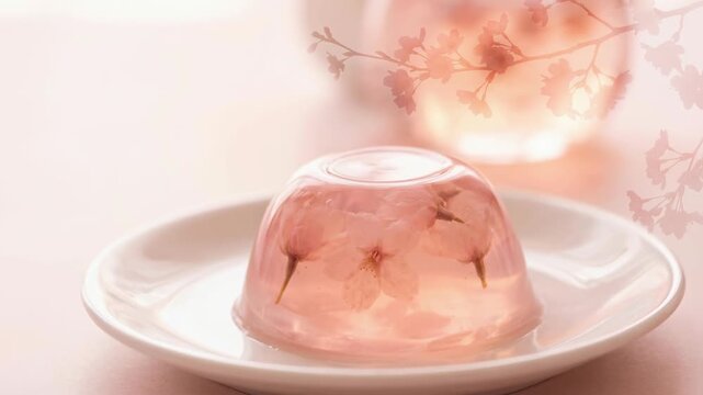 Japanese dessert food recipes home style jelly with cherry blossom flowers inside served on white plate featuring delicate pink colors and soft light