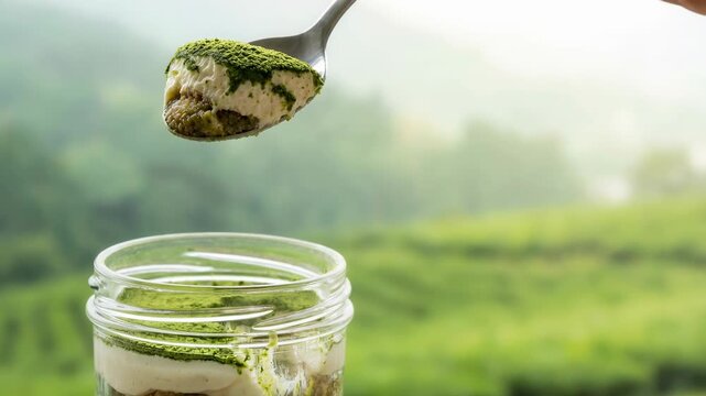 Japanese dessert food recipes home made tiramisu with layers of creamy matcha and green tea powder in glass jar spoon holding bite for sweet enjoyment