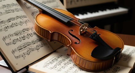 Violin on Sheet Music Background with Piano Keys Classic Music Performance