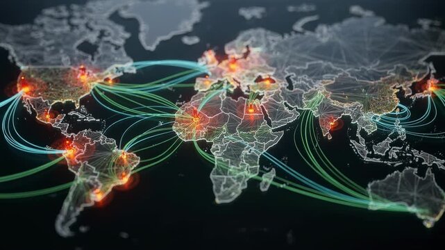 Closeup medium shot of fiber network visualization emphasizing fault detection points and the realtime rerouting algorithm with the fault zones sharply detailed against a blurred