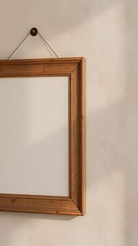 An empty vintage brown wooden picture frame with an antique gold border hangs on a blank gallery wall for art photography and interior design decoration