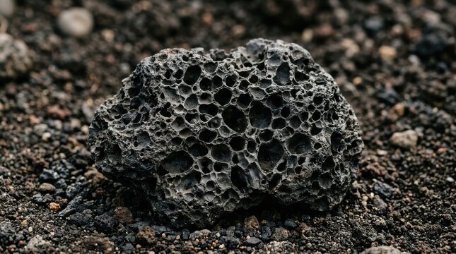 Closeup of vesicular basalt rock sample showcasing its intricate porous texture