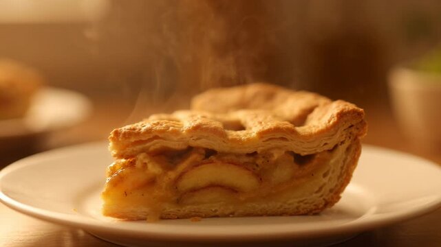 Warm Apple Pie Slice: A delightful slice of warm apple pie, fresh from the oven, steams invitingly on a pristine plate, showcasing the golden crust and luscious apple filling.