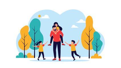 Fototapeta premium Father playing with his three children in a park setting with colorful autumn trees and a bright blue sky background.