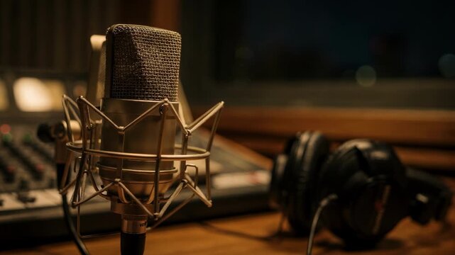 Focused image of a microphone in a cozy radio booth with a softly defocused mixer and headphones evoking the feel of a latenight music and talk show.