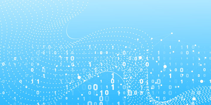 Abstract technology background with binary data 0, 1, global network connections, and flowing digital information on a light blue gradient backdrop.