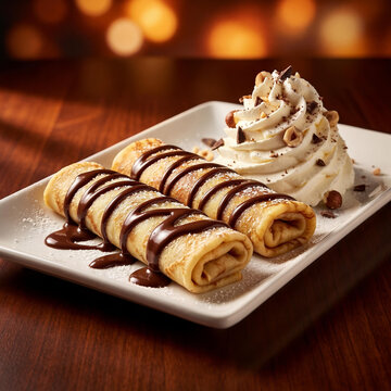 Two Golden Crepes Drizzled with Rich Chocolate Sauce, Topped with Whipped Cream and Crunchy Hazelnuts, Ready for a Sweet Indulgence