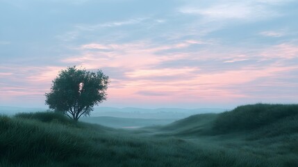 Obraz premium A solitary tree stands on a grassy hill under a soft pastel sky at dawn or dusk evoking a sense of tranquility