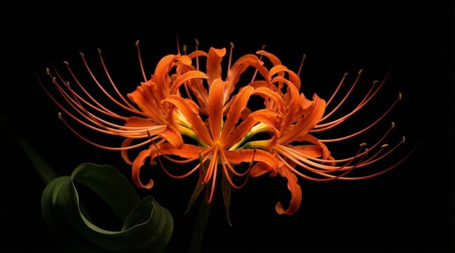 Vibrant orange lycoris flower with long stamens on dark background closeup