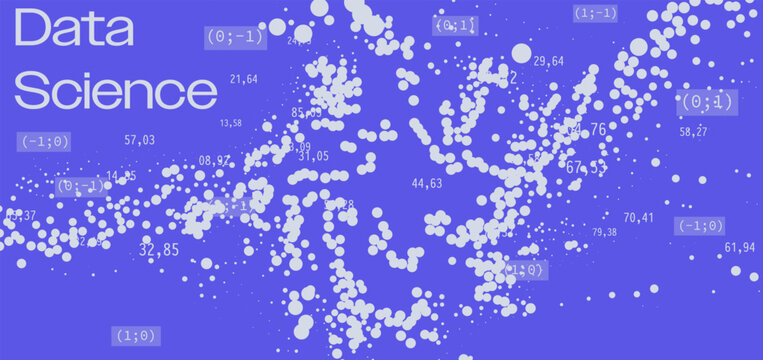 White glowing dots and numbers create a flowing cloud pattern on blue background. Conceptual vector illustration for big data analytics and digital visualization concepts.