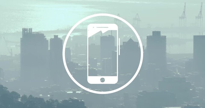 Animation of smartphone icon and data processing over cityscape
