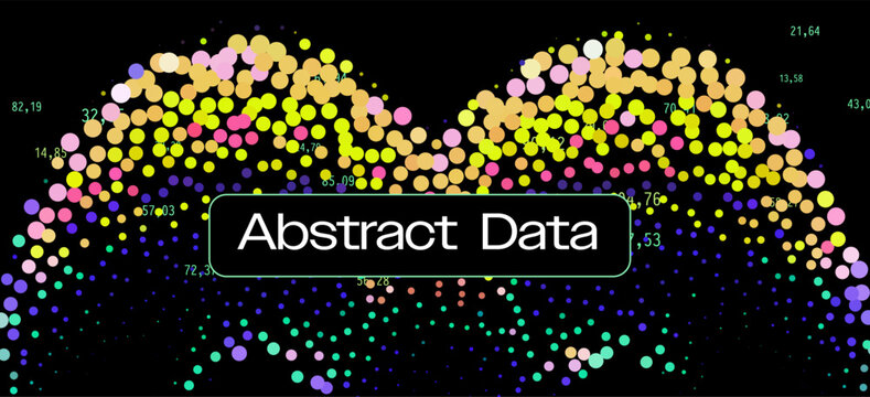 Colorful glowing dots create wave patterns in this abstract data visualization on black background with numbers. Conceptual vector illustration for big data analytics and digital technology themes.