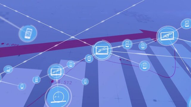 Animation of network of connections with icons over statistics with arrow