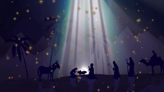 Nativity tableau being animated illustration in silhouette under star sky, with shepherds, camel