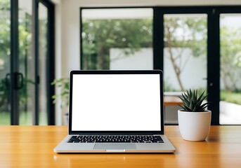 Fototapeta premium Modern Laptop on Wooden Desk with Potted Plant in Bright Office.