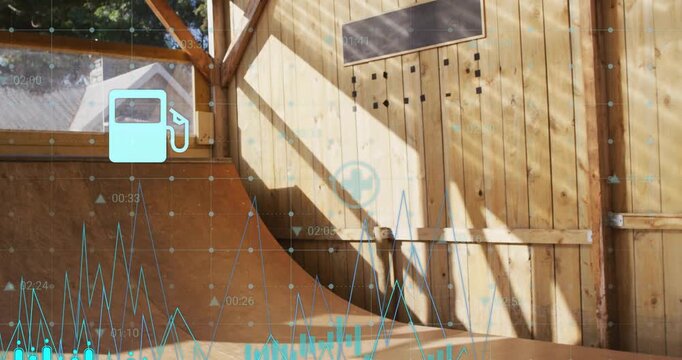 Cyan graph animating triggers icons while rider crouching pushing ramp ascending showing tech stats