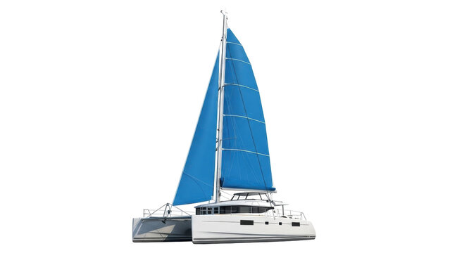 Isolated elegant modern catamaran sailing yacht featuring prominent vibrant blue sails