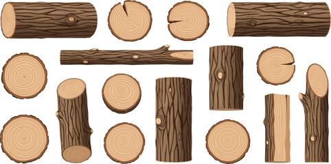 Wood log set with tree trunk cut sections timber texture forest lumber natural wooden vector illustration collection © Md