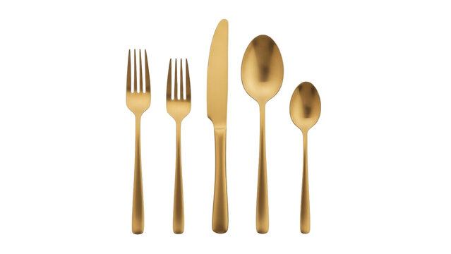Isolated modern gold flatware set with forks, knife, and spoons, elegant dining utensils