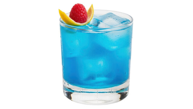 Isolated blue cocktail with ice cubes, garnished with raspberry and lemon peel in a glass
