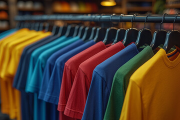 Naklejka premium colorful T-shirt on the store display, close up