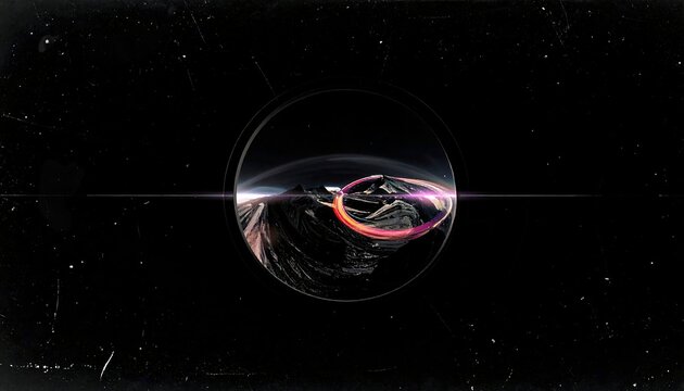 Mountain landscape refracted through a circular portal in space
