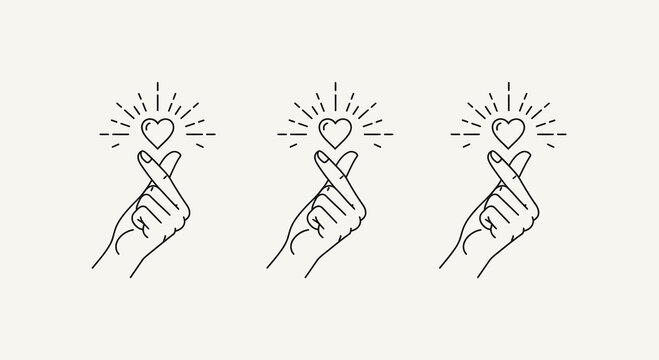 Korean Finger Heart Gesture Vector Illustration with Glowing Hearts, Symbolizing Love and Affection, Minimalist Design for Social Media and Romance Themes