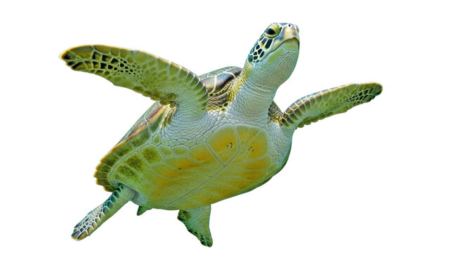 Isolated green sea turtle gracefully swimming with flippers extended, marine animal wildlife
